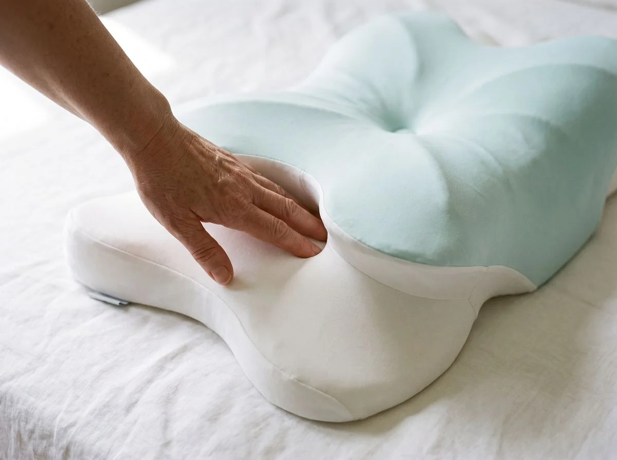 Close view of a hand lowered into the deep semicircular shoulder cut-out on the side of the pillow, showing its depth.